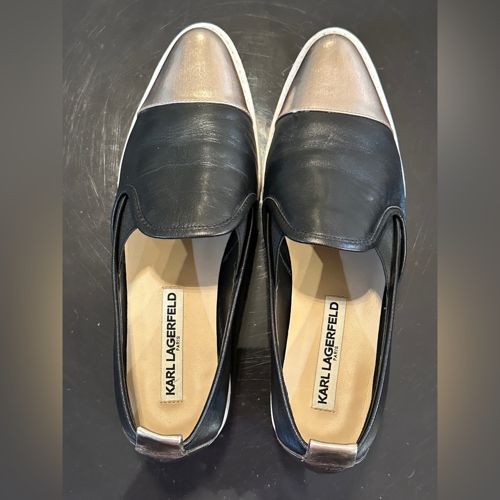 Karl Lagerfeld Black and Gold Loafers Slip-On Shoes - Picture 6 of 7